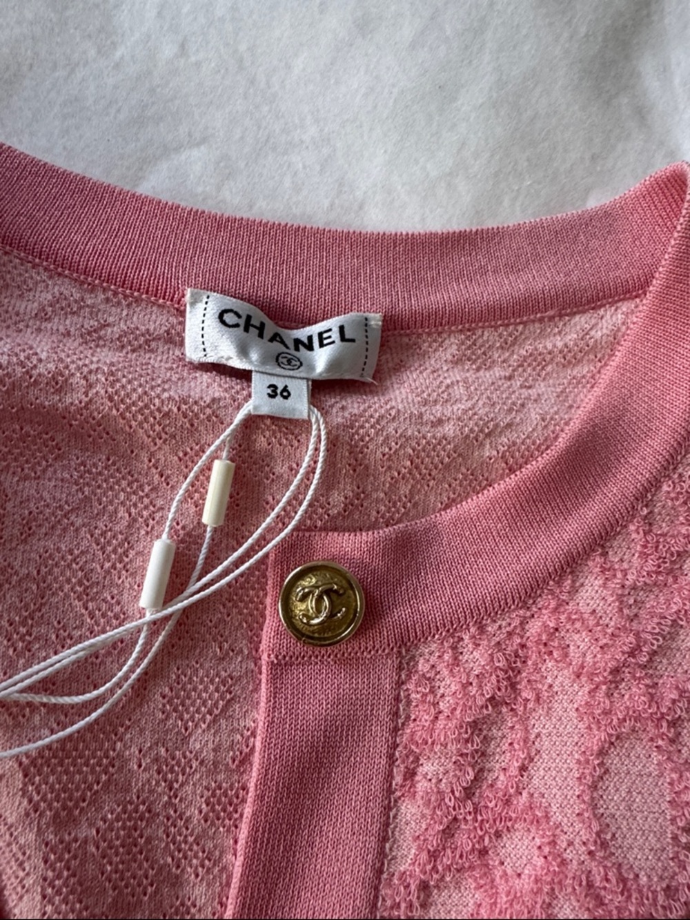 CHANEL Pink Lace-Textured Button-Front Knit Dress Cardigan - Picture 4 of 13